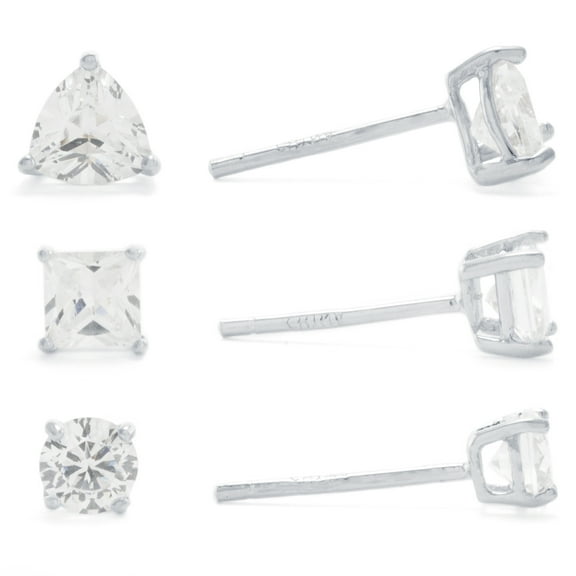 Marisol & Poppy Sterling Silver Multi Shape Cubic Zirconia 3-Piece Stud Earrings Set for Women & Teens