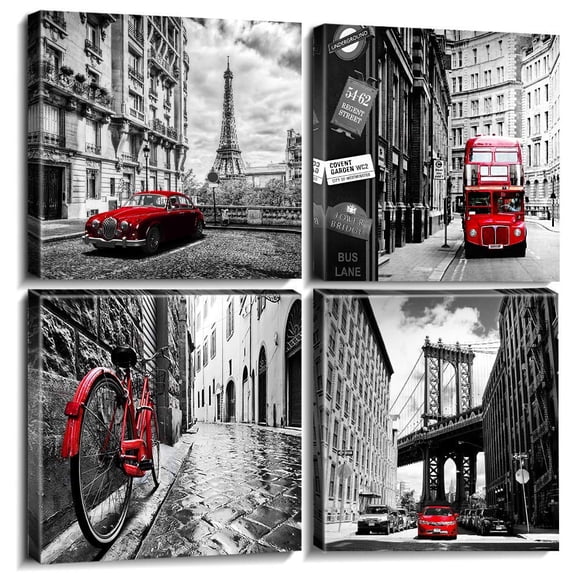 Black and White Canvas Wall Art Bedroom Decor Red City Landscape Pictures Prints Modern Artwork for Living Room Paris New York London Rome Contempora