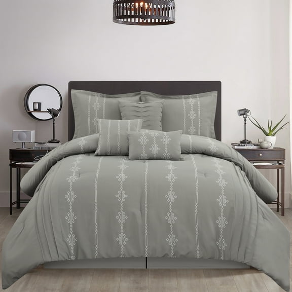 Nanshing Shay 7 Piece Geometric Embroidery Comforter Set, Grey/White, California King