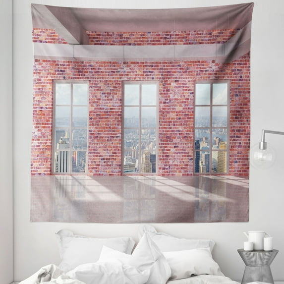 Urban Tapestry, Red Brick Wall Loft Interior with Windows to City Urban Contemporary Design Print, Fabric Wall Hanging Decor for Bedroom Living Room Dorm, 5 Sizes, Multicolor, by Ambesonne