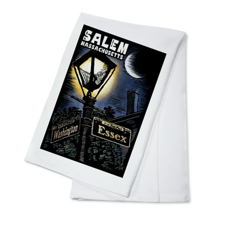 Salem, Massachusetts, Street Lamppost at Night, Scratchboard (100% Cotton Tea Towel, Decorative Hand Towel, Kitchen and Home)