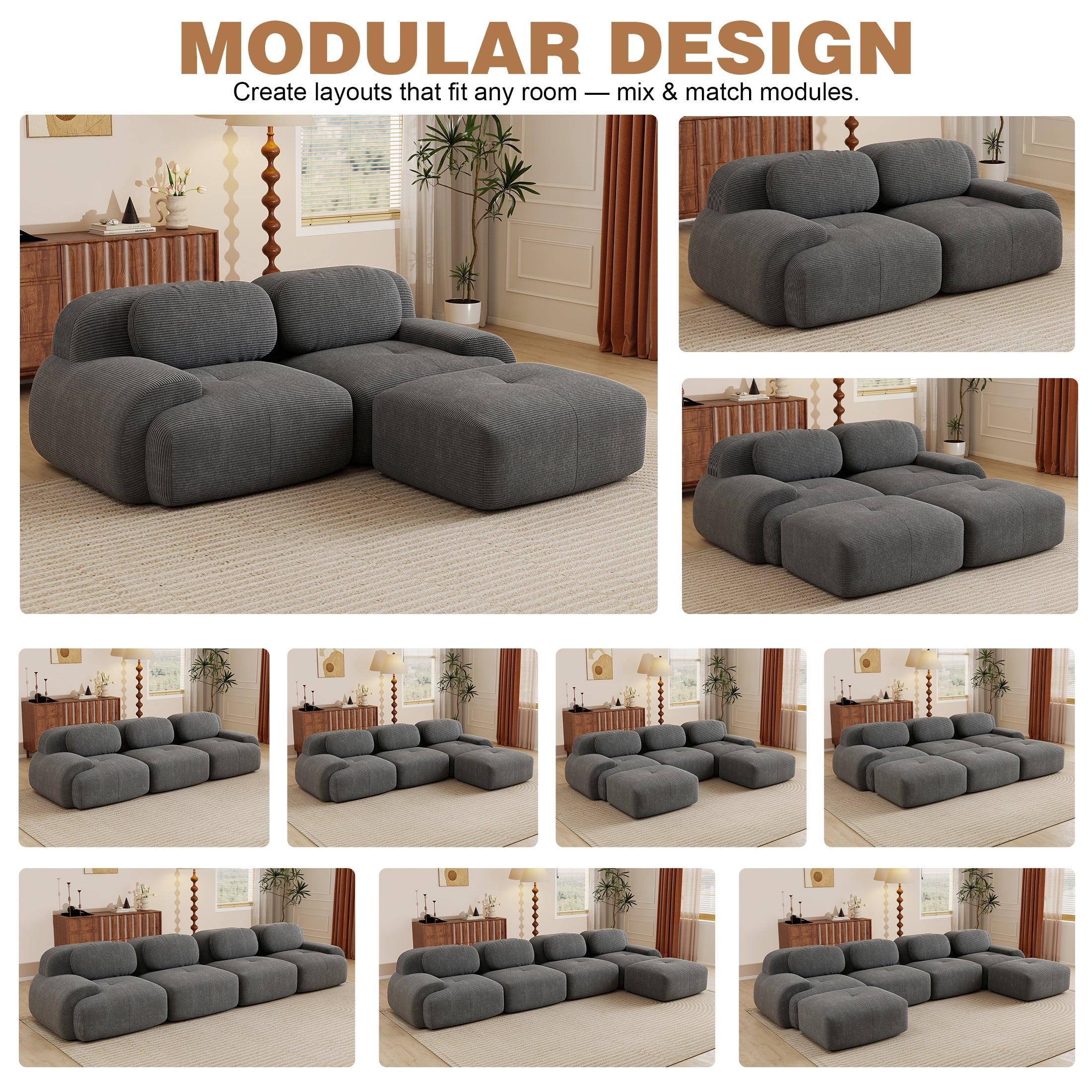 Aukfa 82" L-Shape 2-Seat Sofa with Ottoman, Corduroy, 28" Deep Seat, No Assembly Required, Gray
