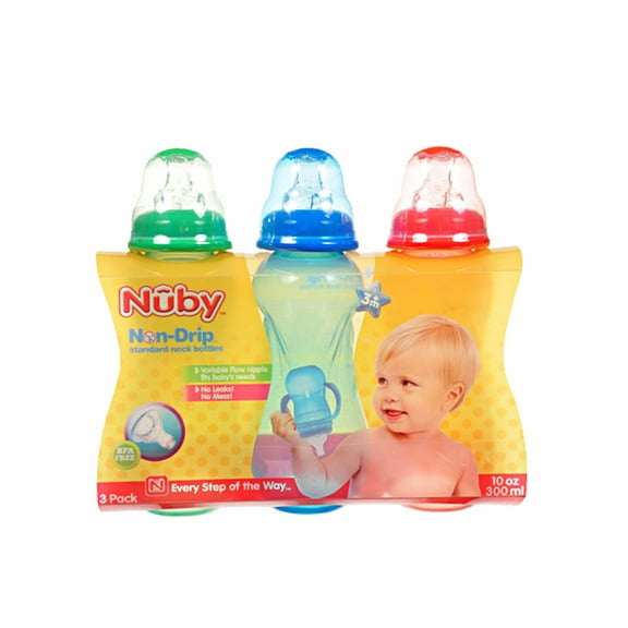 Nuby 3-Pack Non-Drip Standard Neck Bottles (10 oz.) - red/green, one size