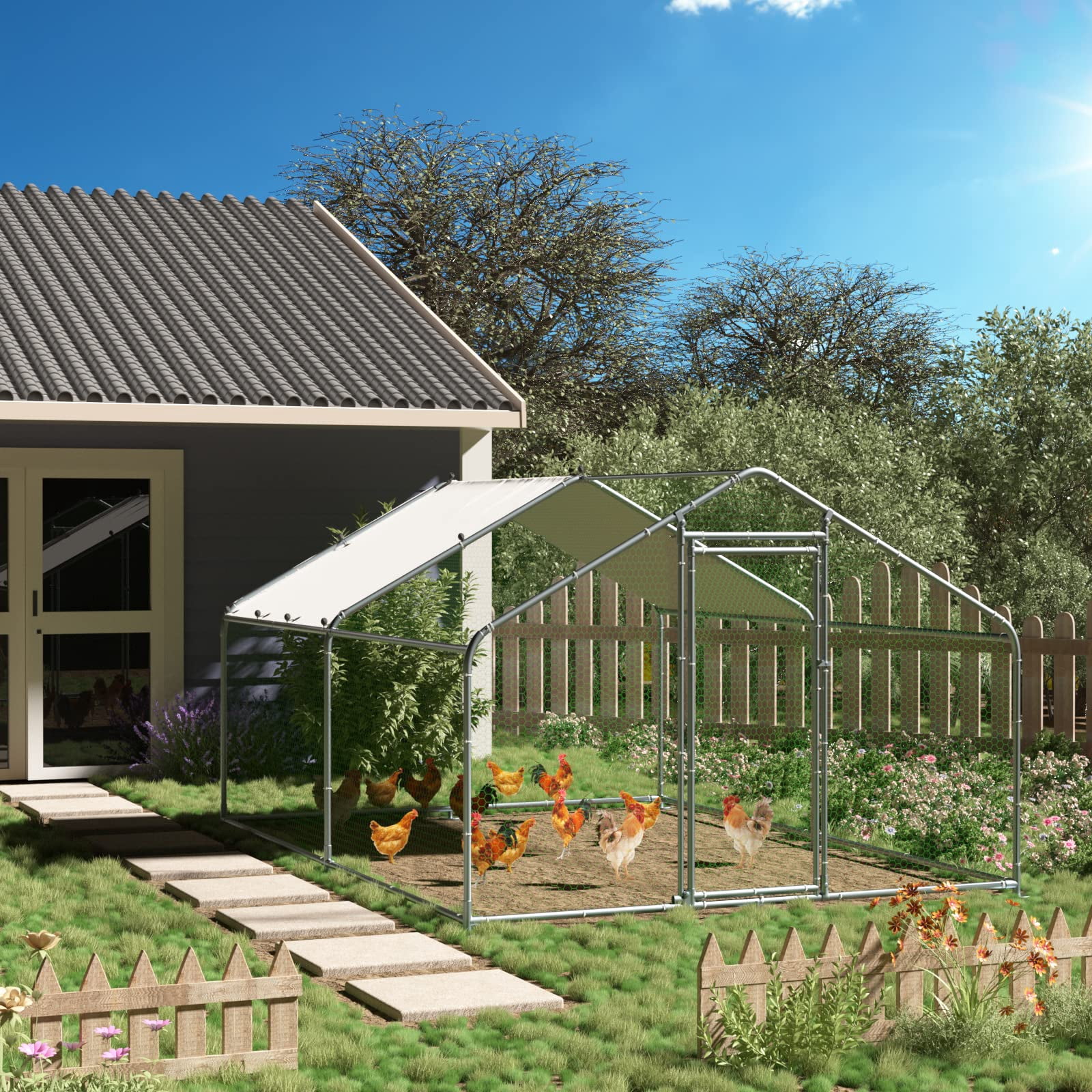 Outdoor Large Metal Chicken Coop Walk-in Poultry Cage Hen Run House Duck House Rabbits Habitat Cage Spire Shaped Coop with Waterproof and Anti-Ultraviolet Cover for Backyard Farm