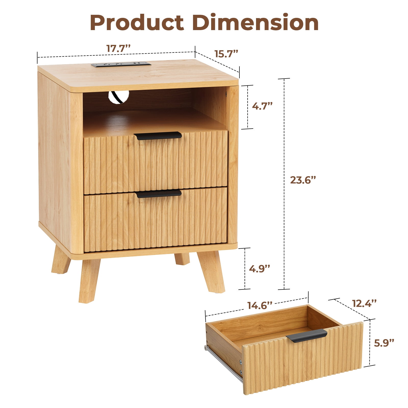 Hommpa 2 Drawers Fluted Nightstand with Charging Station, Modern Bedside Table End Side Table with Solid Legs for Bedroom Furniture Living Room Sofa, Night Stand with Storage Drawers and Open Shelf