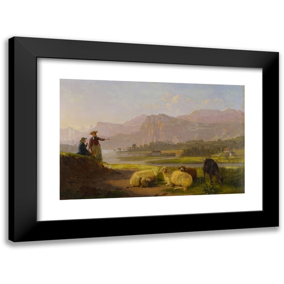 Johann Jakob Biedermann 14x11 Black Modern Framed Museum Art Print Titled - Lakeside Near Lucerne with Grazing Flock