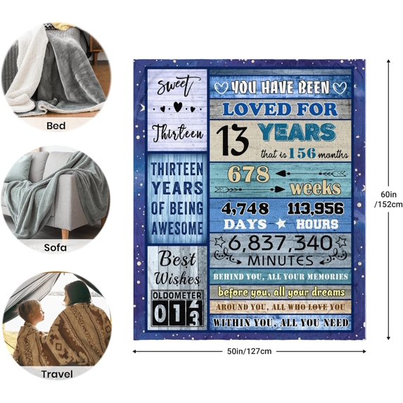 13th Birthday Gifts for Girls Boys Blanket 60"X50", 13 Year Old Girl Boy Gift Ideas, Best Gifts for 13 Year Old Girl, Coolest Gifts for 13 Year Old boy, 13th Birthday Decorations for Girls Boy