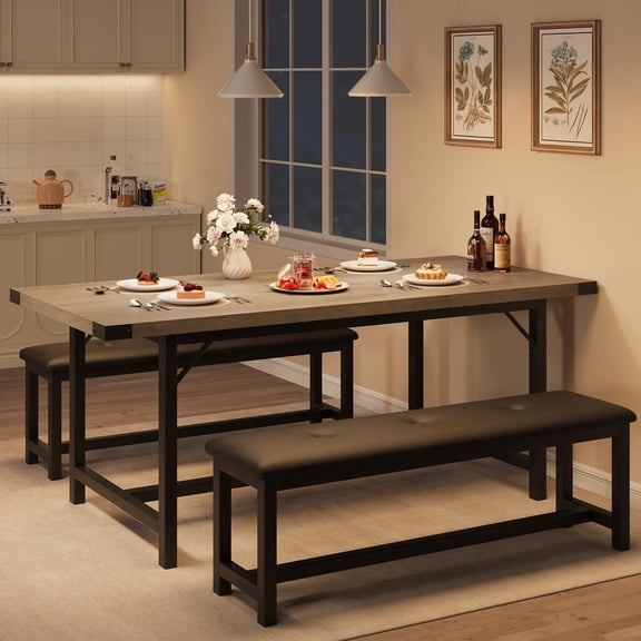 EcoSummer Extendable Dining Table Set for 4–6 – 63" Wood Table with 2 Upholstered Benches, Corner Protectors, Small Space Kitchen Dining, Retro Gray