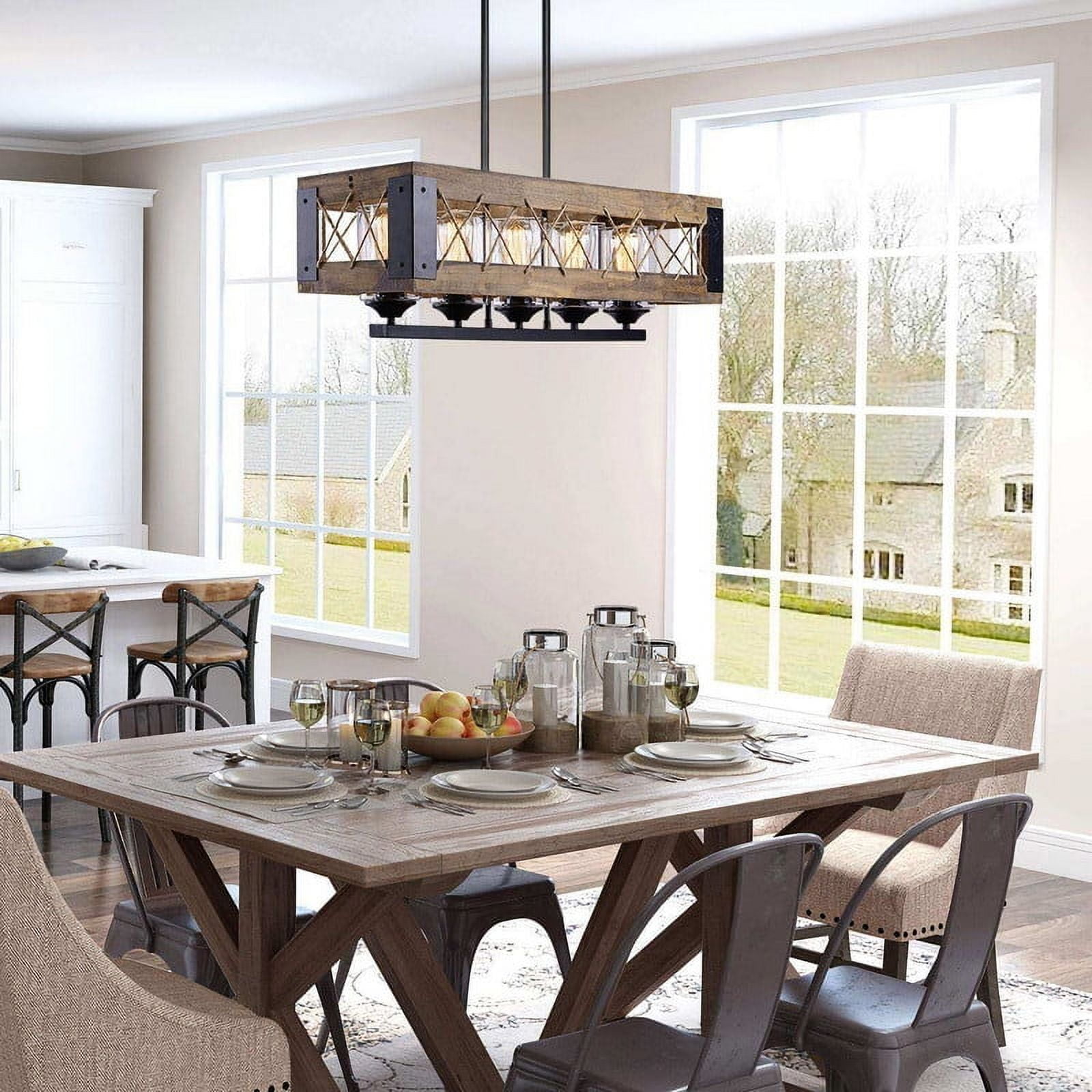 LNC 5-Light Farmhouse Rectangular Chandelier, Wood and Matte Black Island Light with Glasss