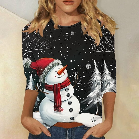 DailyTrove Women's Christmas Long Sleeve Top, Snowman with Santa Hat Print, Cute Fit, Soft Material, Holiday Fun & Daily Wear