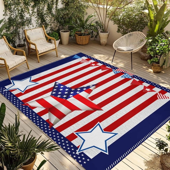 Independence Day Outdoor Rug for Patio/Deck/Porch, Non-Slip Large Area Rug 6 x 9 Ft, American Flag Patriotic Star Red Striped Indoor Outdoor Rugs Washable Area Rugs, Camping Rug Carpet Runner