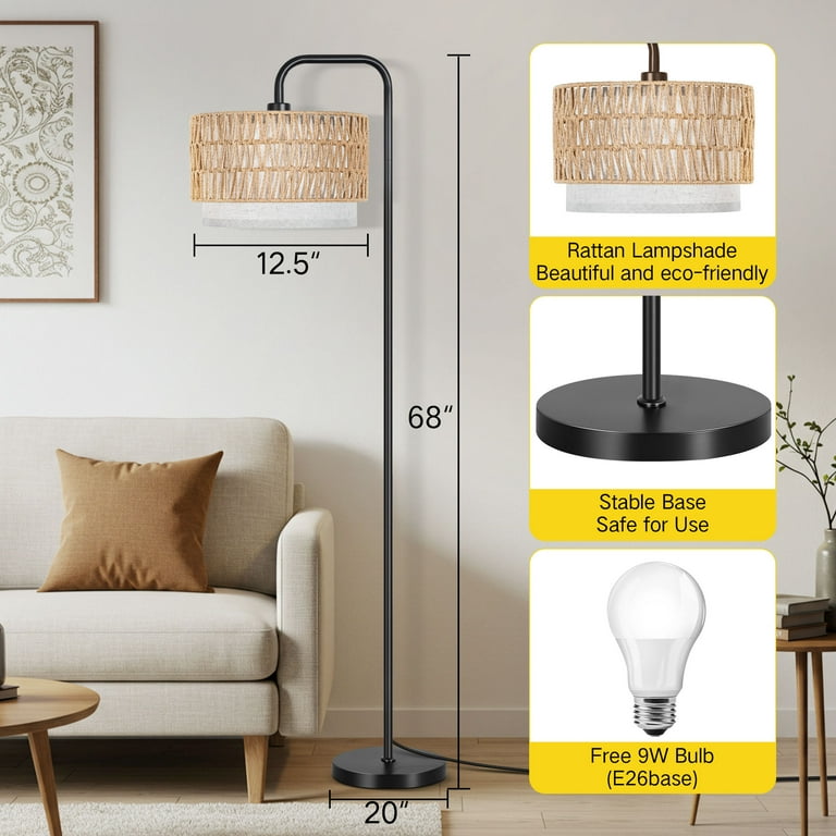 Outon 68" Arc Floor Lamp with Rattan Shade, Black photo 4