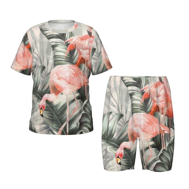 Fotbe Tropical With Flamingos Pijama Estampada de 2 Piezas para Niños – Ropa de Dormir de Manga Corta Cómoda para Niños y Niñas, Camiseta y Shorts de Algodón-4X-Large