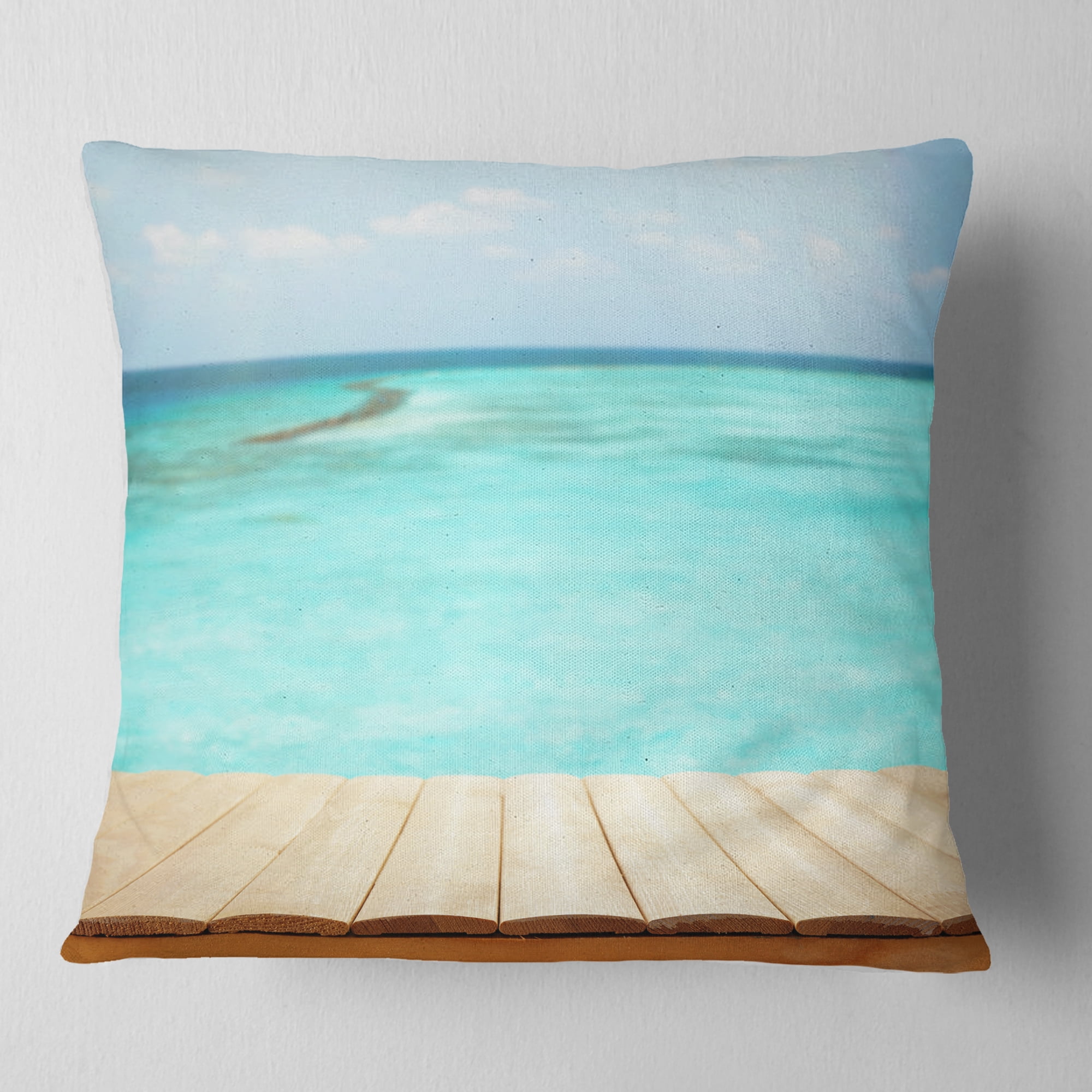 Designart Wooden Planks on Sea Background - Seascape Throw Pillow - 16x16