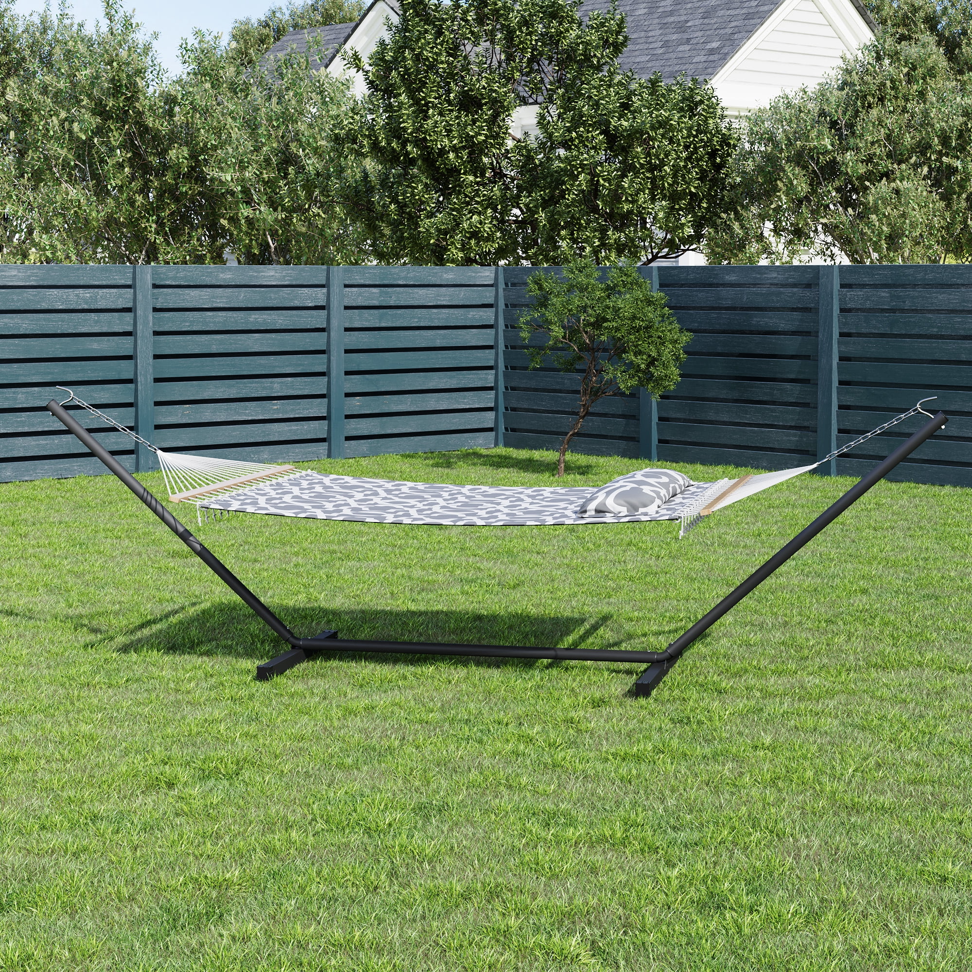 IdealHouse Double Hammock with Stand – 475 Lbs Capacity, Adjustable Double-Layer Outdoor Hammock Chair, Sturdy Steel Frame, Thick Rope, for Backyard, Camping, Porch, Light Grey