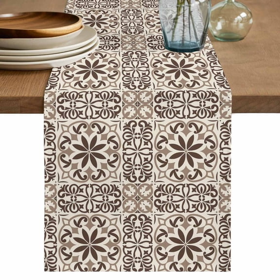 Table Runner 70 Inches Long for Kitchen Dining, Brown Flowers Dresser Scarf Farmhouse, Dining Table Decorations for Wedding/Parties, Vintage Country Abstract Floral Patterned 13 x 70 In