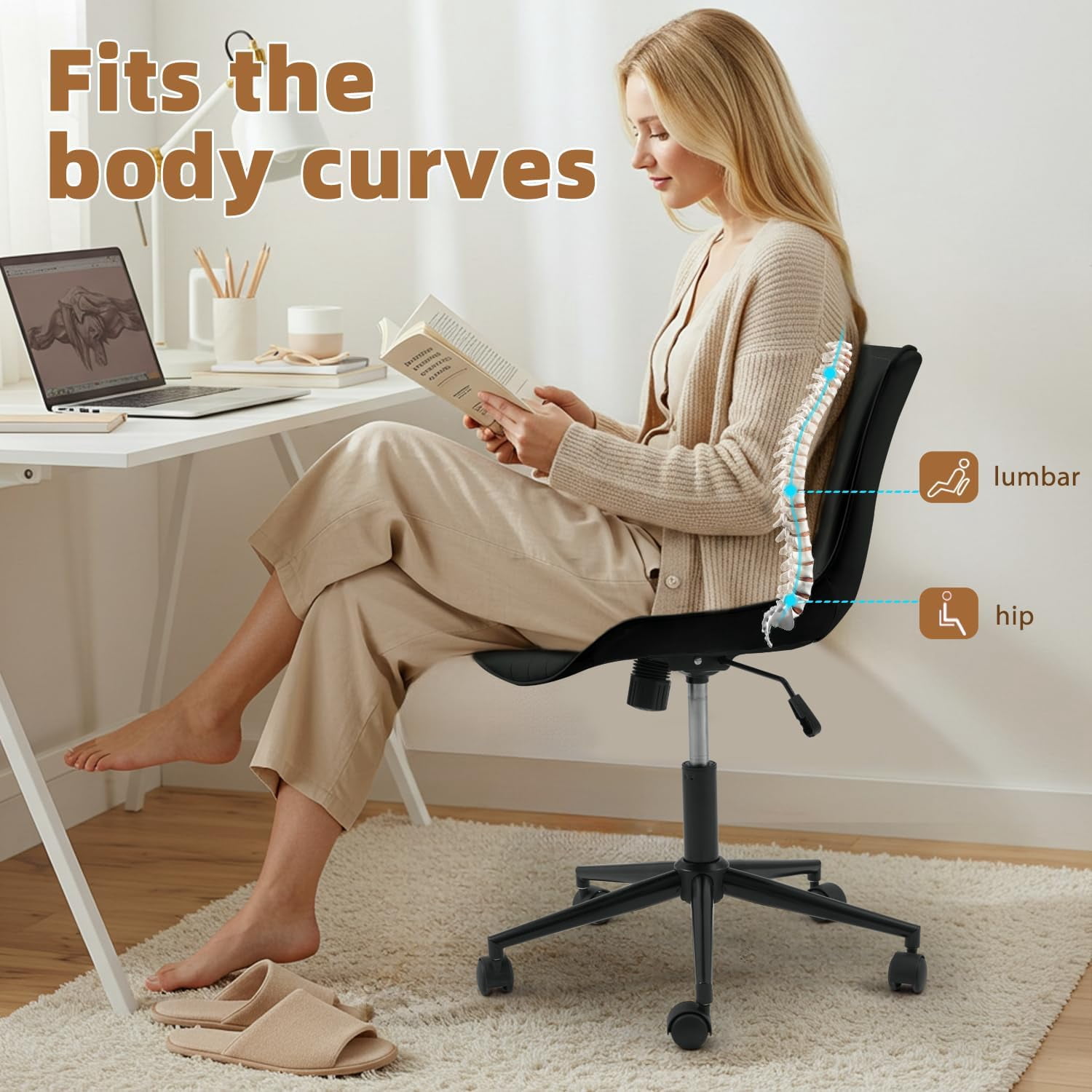 Erinnyees Armless Office Chair, Desk Chair with Wheels, Adjustable and Swivel,Modern Black
