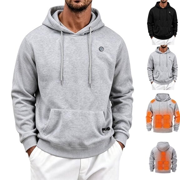 YOIAVAIOY Mens Heated Pullover Hoodie 11 Heating Zones Warm Hoodies Solid Color Long Sleeve Pullover Sweatshirt Winter Outdoor Sweatshirts Black L