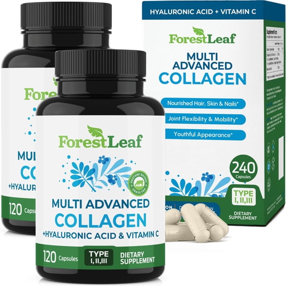Pastillas de colágeno multivitamínico ForestLeaf con ácido hialurónico y vitamina C | Suplementos de colágeno hidrolizado para mujeres y hombres | Cápsulas de colágeno multivitamínico con péptidos par