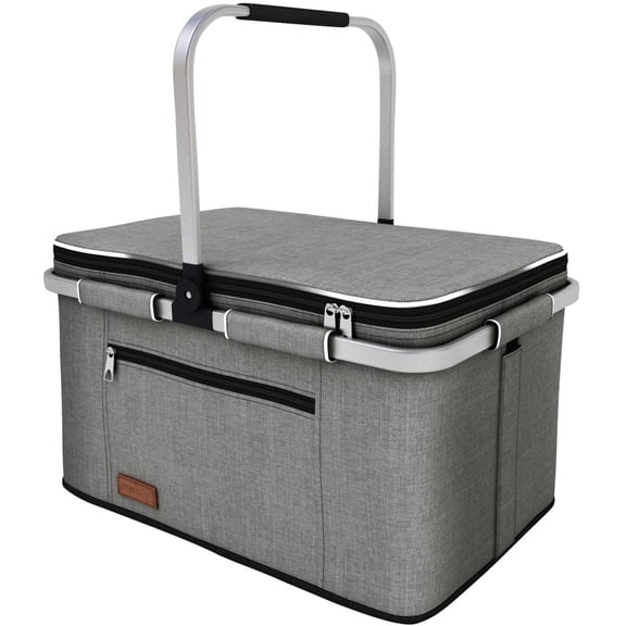 LIQING 35L Large Picnic Basket Shopping Travel Camping Grocery Bags 2 Layers of Internal Pockets Leak-Proof and Insulated Folding, Internal Support Does Not Collapse