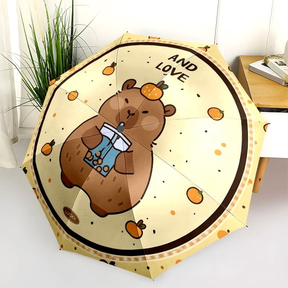Cute Cartoon Capybara Print Automatic Folding Umbrella, Portable 8-Rib Windproof Rain Umbrella for Outdoor, Travel, and Daily Use