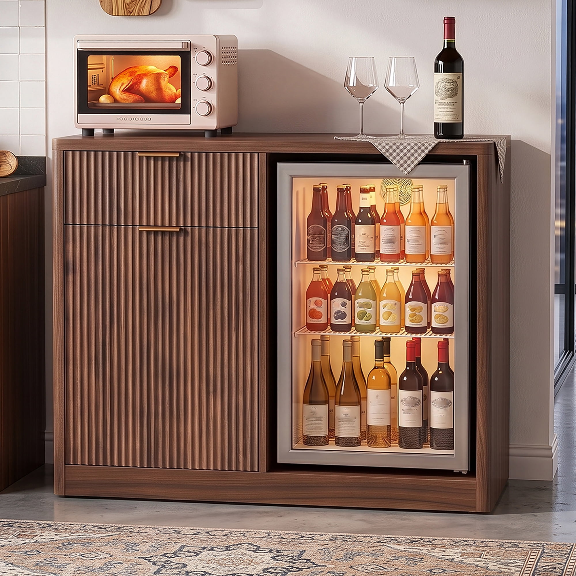 Mintazer 39" Modern Fluted Coffee Bar Cabinet with Fridge Space & Charging Station, Sideboard Beverage Station with Wine Glass Rack & Adjustable Shelves for Dining Room Living Room Apartment, Walnut