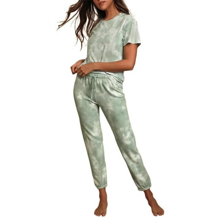

Ladies Summer Fashion Tie-Dye Printing 2-Piece T-Shirt + Trousers Pajamas Casual Suit