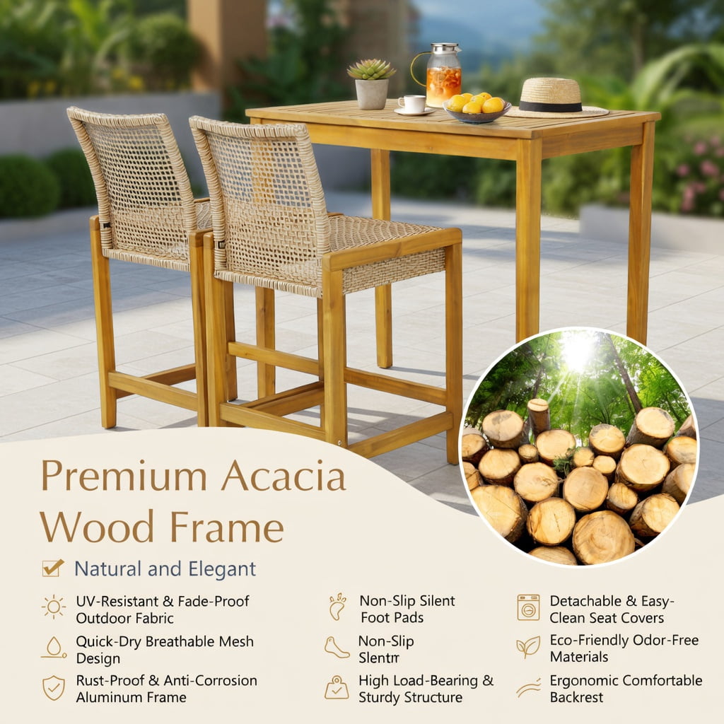 Hommoo 2-Pack PE Rattan & Teak Acacia Wood Bar Stools with Backrest, Indoor/Outdoor Patio Dining Chairs, Ergonomic Design, Light Brown
