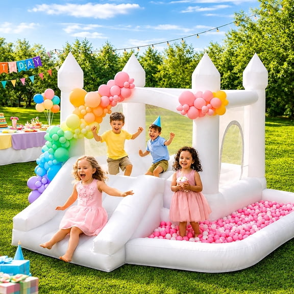 Toiyjofe White Bounce House with Slide and Ball Pit, 10 x 10 ft Inflatable Bouncer with 400W Blower for Kids Ages 3-6, Indoor Outdoor Party Play