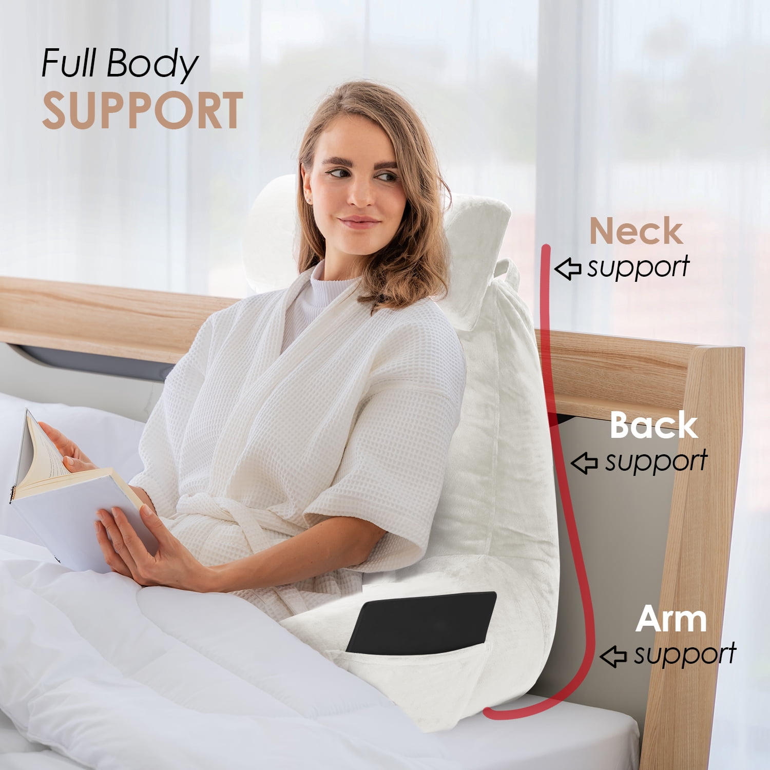 LAMMALOE Reading Pillow , Backrest Pillows with Arms, Plush Back Pillow Detachable Neck Roll, Shredded Memory Foam Bed Rest Pillow, Large, White