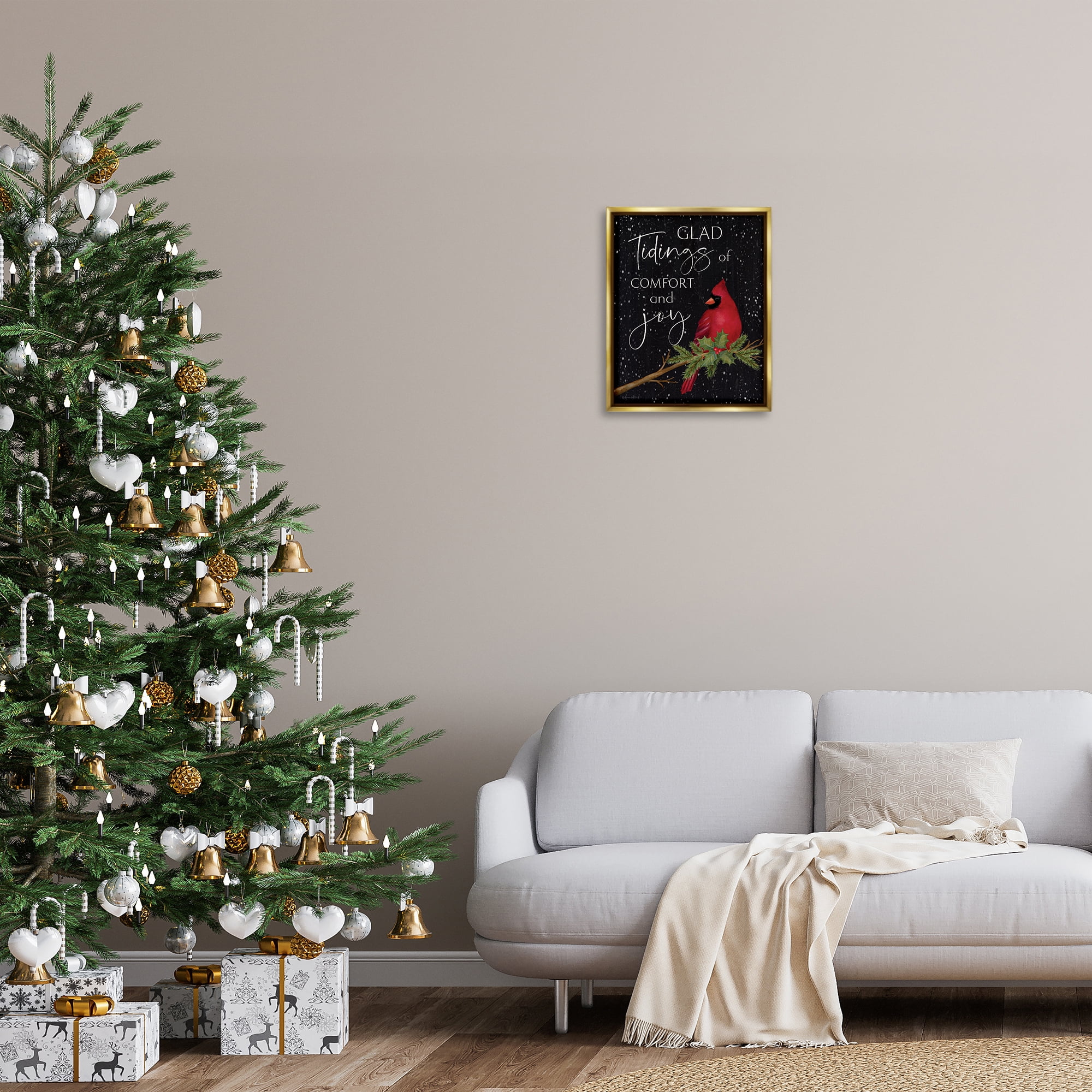Stupell Industries Comfort & Joy Cardinal Holiday Painting Gold Floater Framed Canvas Art Prints Wall Art, 17 x 21