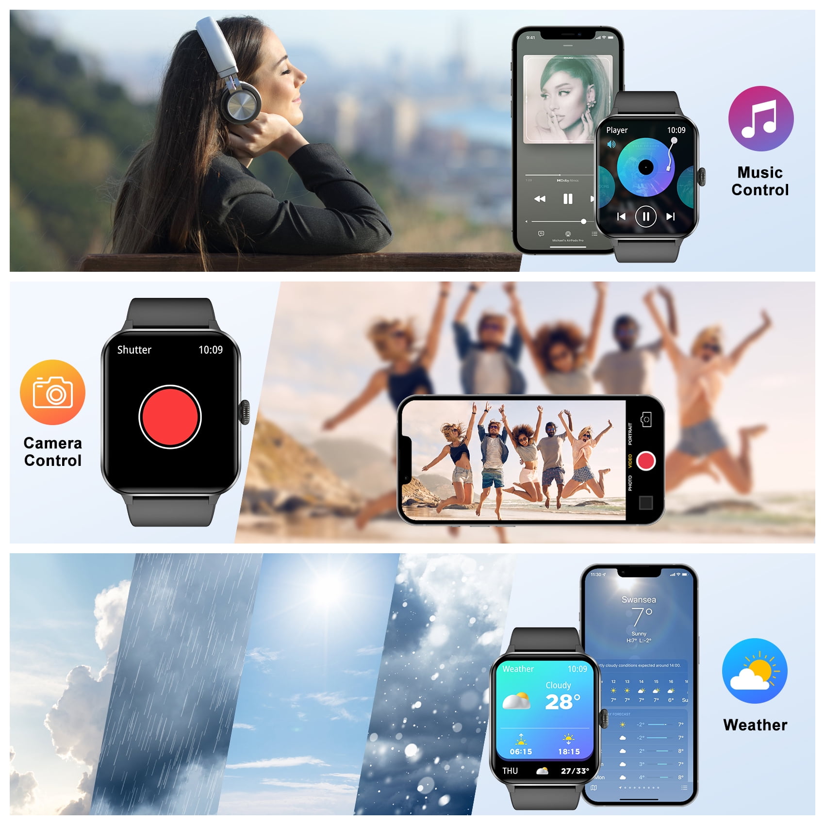 IOWODO Smart Watch for Men Women, with Bluetooth Calling, AI Voice Assistant, 100+ Sports Modes, 1.85'' Fitness Tracker for Android and iPhone (Black)