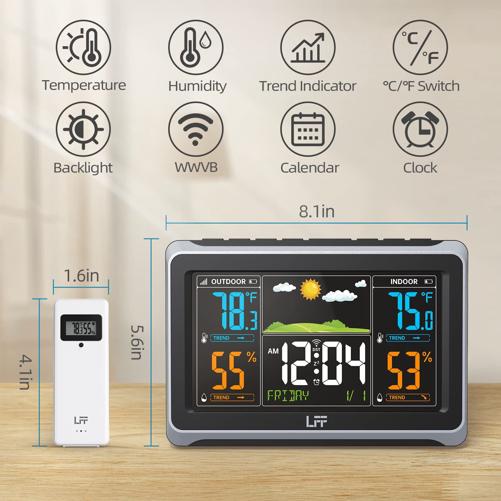 Weather Stations Wireless Indoor Outdoor, LFF Weather Station Indoor Outdoor Thermometer Wireless, Color Display Digital Weather Thermometer with Atomic Clock