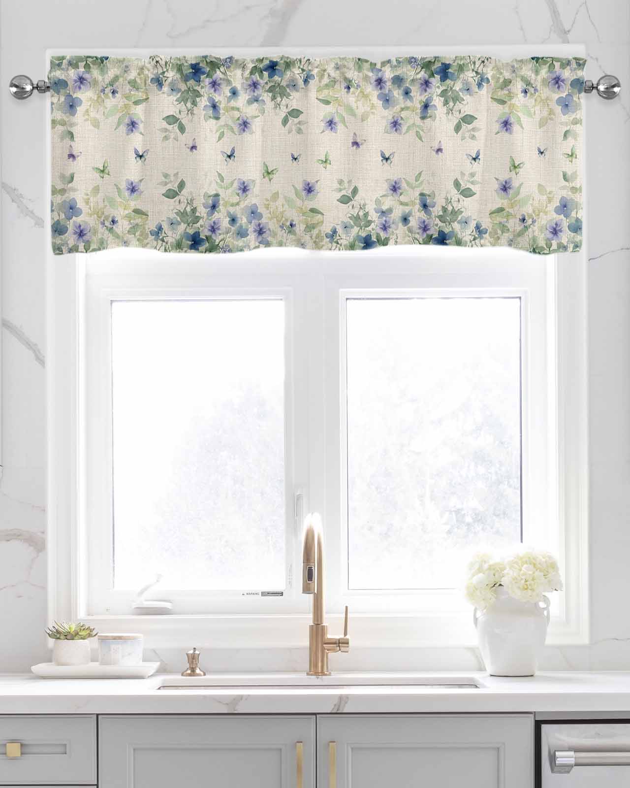 Butterfly Plant Kitchen Valances for Windows Farmhouse Linen Window Valance Curtain for Living Room Window Treatment Green Purple Watercolor Country Leaf Valance Rod Pocket Topper Drape, 60 x 18 Inch