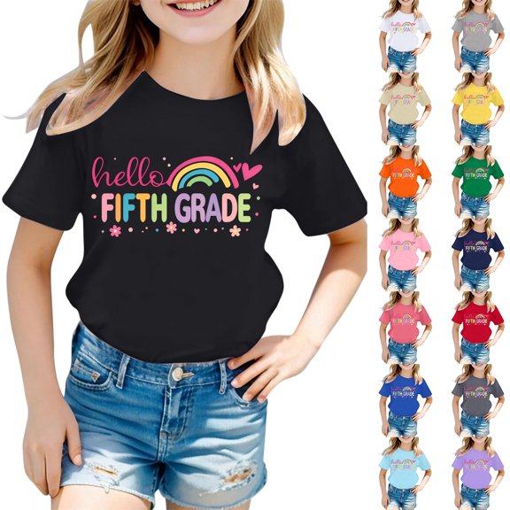 Arlun First Day of School Short Sleeved T-Shirt for Girls Fashionable Fifth Grade Back to School Outfits Casual Crewneck Soft Cozy Cute Colorful Letter Print Graphic Tees 90