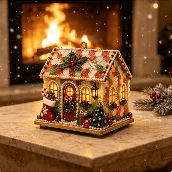 Sea Glass Christmas House DIY Kit, Gingerbread House Themed Mini Holiday House Ornament, Hand‑Assembly Craft Set For Home And Xmas Tree Decor