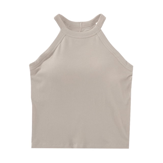 JGGSPWM Women Sleeveless Racerback Tank Tops with Built in Bras High Neck Ribbed Casual Basic Slim Fitted Crop Shirts Beige S