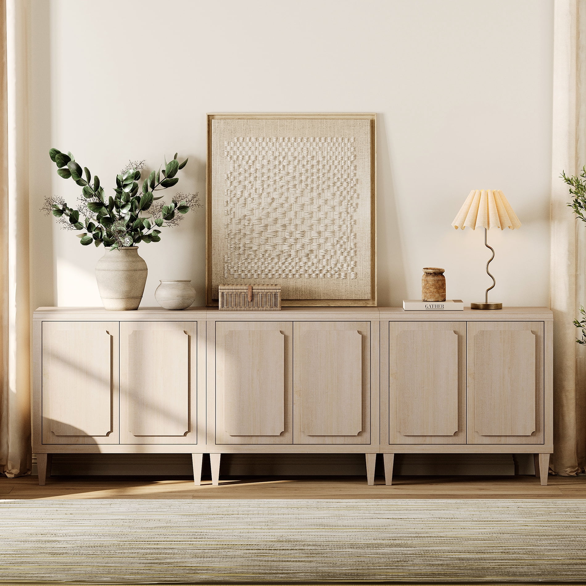 94.5" Modern Buffet Cabinet with Storage, Oak Kitchen Sideboard with Embossed Doors, Light Oak