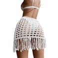 thumbnail image 2 of KelaJuan Women Knitted Sarongs Solid Color Hollow-Out See-Through Tassel Mini Beach Skirts Summer Drawstring Slit Swimsuit Cover-Ups, 2 of 5