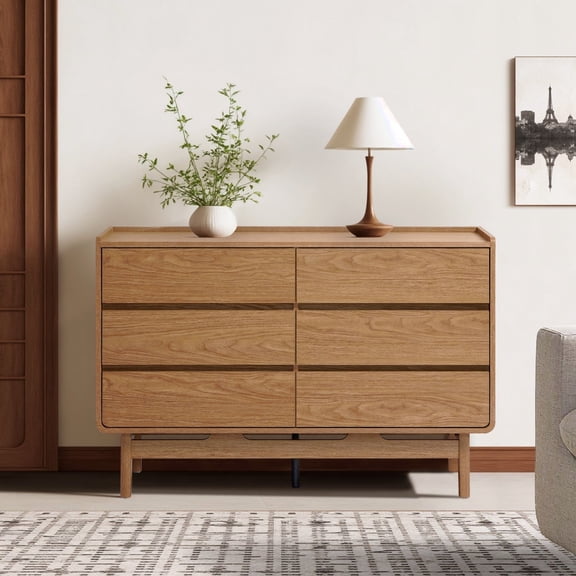 LuxenHome Mid-Century Style Natural Finish Dresser, 6 Drawers, Horizontal Storage, Engineered Wood