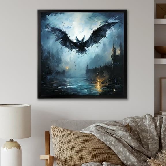 Designart "Moonlit Impressionist Flight of Bats" People Framed Wall Art Decor - Farmhouse Black Animal Nursery Bedroom Framed Canvas Wall Art