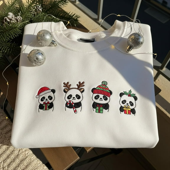 Christmas Panda Embroidered Sweatshirt, Xmas Panda Lover Crewneck, Animals Farm Shirt For Women, Family Christmas Hoodie
