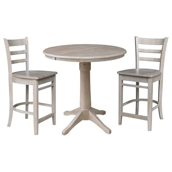 36" Round Solid Wood Extension Dining Table with 2 Emily Counter Height Stools in Washed Gray Taupe by International Concepts
