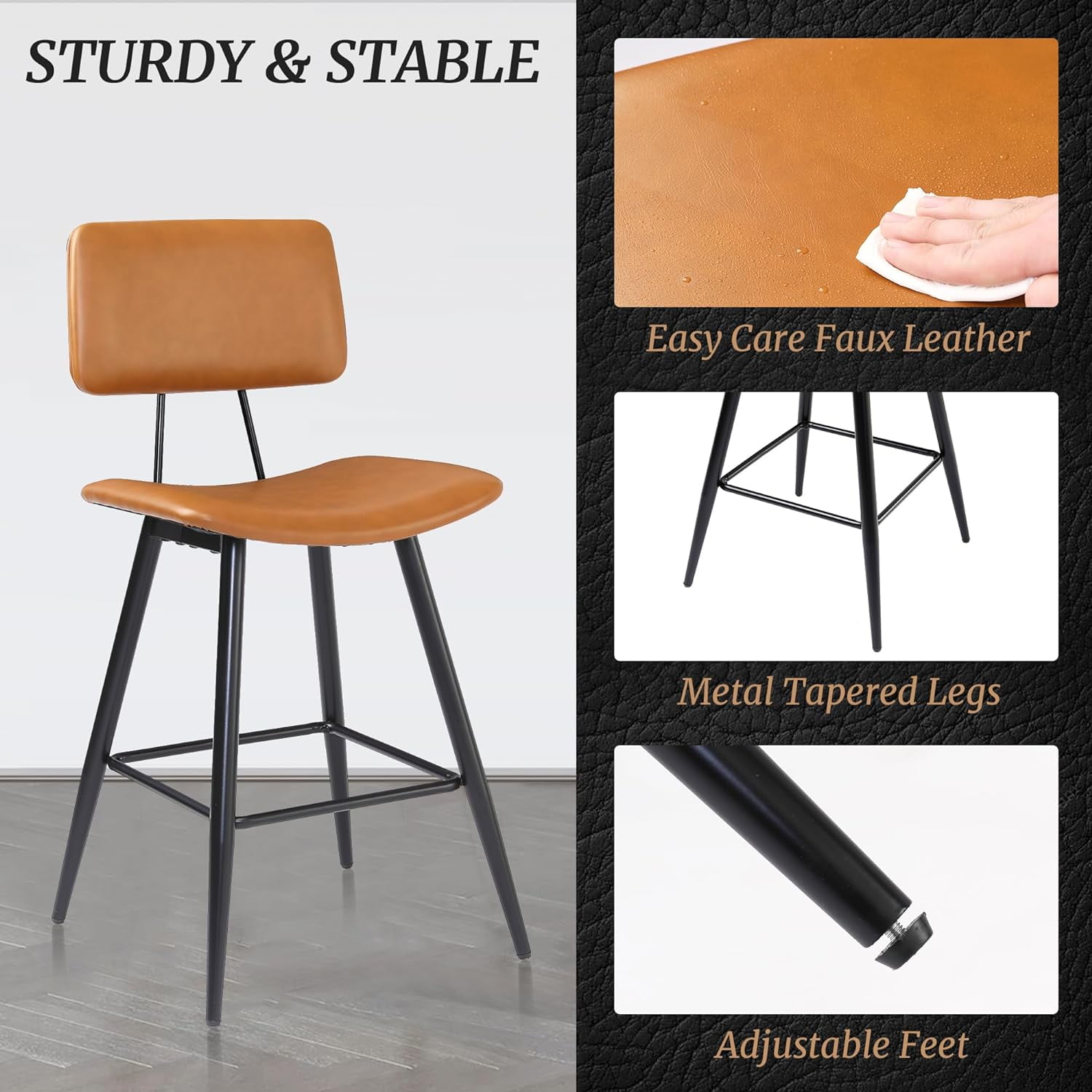 Dycanpo 24.5" Counter Height Bar Stools Set of 4, Faux Leather Upholstered Barstools, Brown