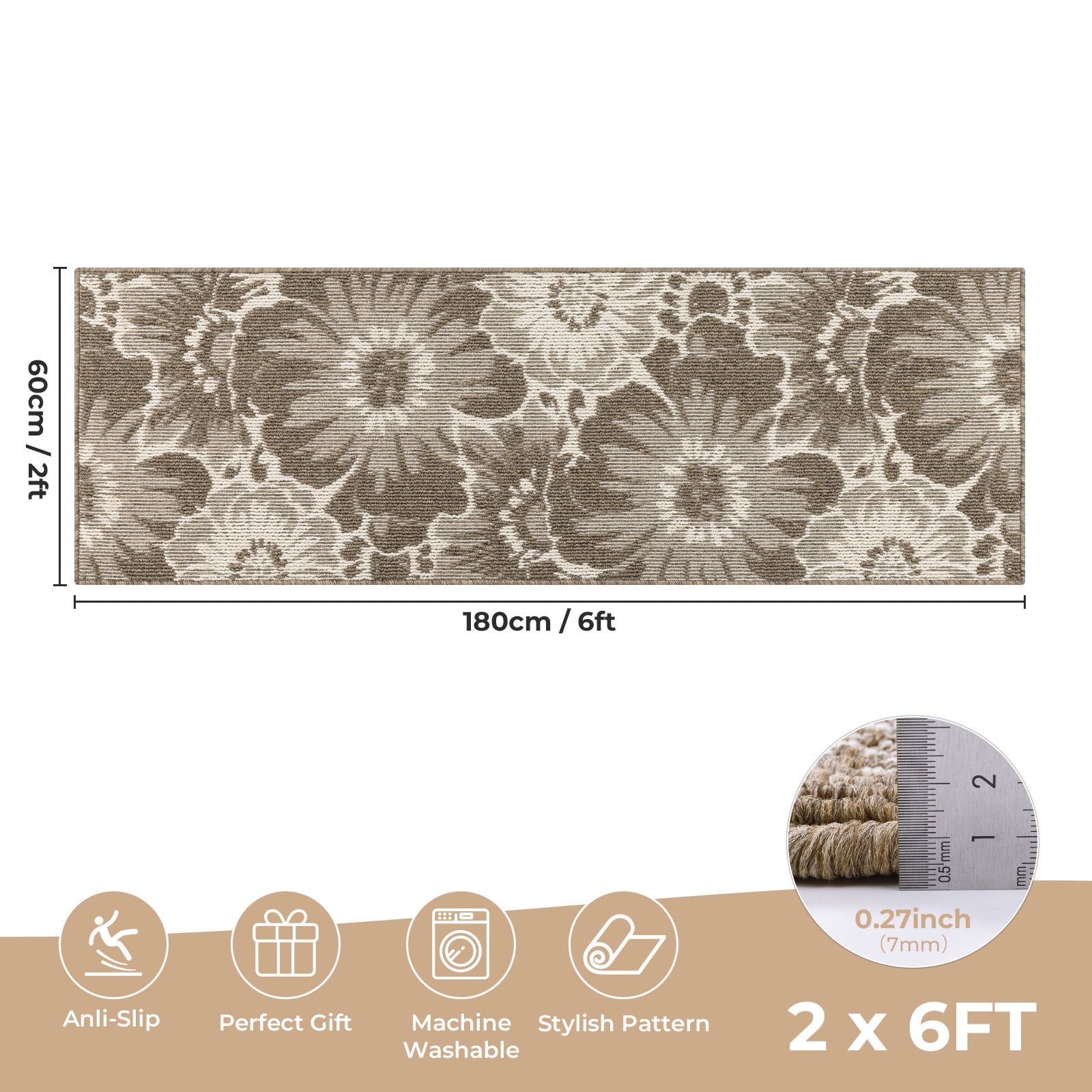 Findosom Runner Rug for Hallway 2x6 ft,Non-slip Machine Washable Runners Flower Floor Mats Low Pile Carpet Rug Runner with Rubber Backing for Entryway Doormat Bathroom Kitchen Laundry Room,Brown