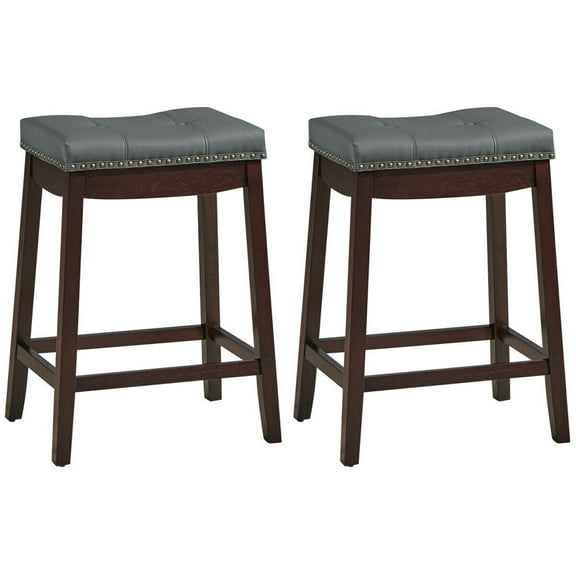 Gymax Set of 2 Nailhead Saddle Bar Stools 24'' Counter Stools Brown with Grey Cushion