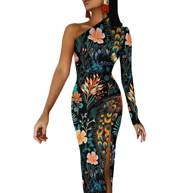 Unique Peacock Feather Long Dress Female Colorful Print Party Maxi Dress Spring Kawaii Bodycon Dresses Side Split Custom Clothes