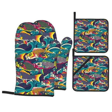 

Oven Mitts and Pot Holders Sets 4 pcs - Colorful Carp Streamer Heat Resistant Silicone Oven Gloves with Non-Slip Silicone Surface and hot pads for kitchen Baking Cooking BBQ