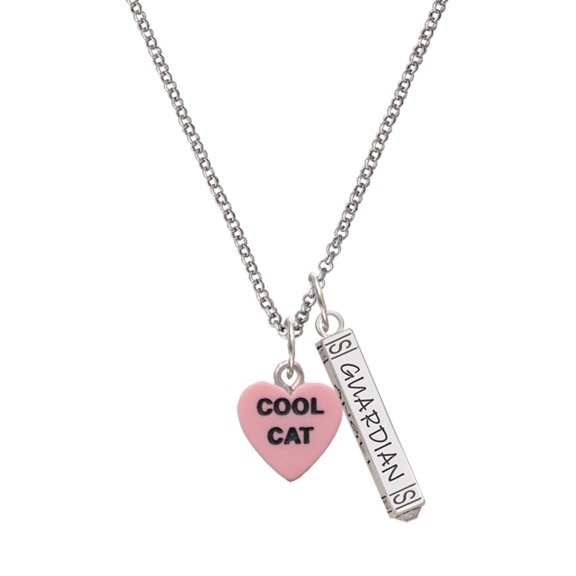 Delight Jewelry Acrylic Pink "Cool Cat / Purr Fect" Heart Silvertone Guardian Angel Bar Charm Necklace, 23"