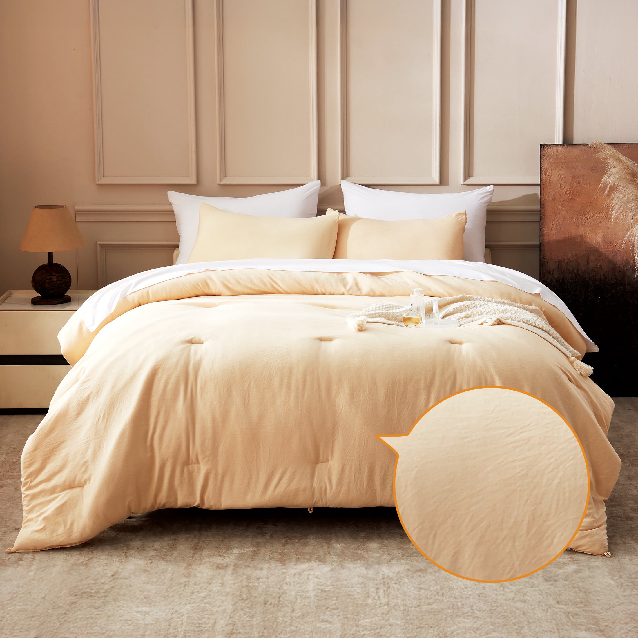 Sonive Washed Comforter Set Full Size - 3 Pieces Soft Luxury Cationic Dyeing Bedding Sets, Linen-Like Texture Breathable Wrinkle Bed Sets, Beige